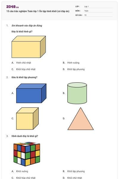 15 câu trắc nghiệm Toán lớp 1 Ôn tập hình khối (có đáp án)