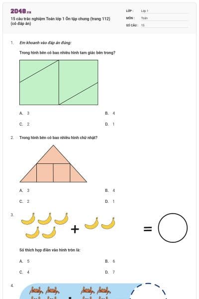 15 câu trắc nghiệm Toán lớp 1 Ôn tập chung (trang 112) (có đáp án)
