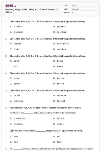 Đề cương ôn tập cuối kì 1 Tiếng Anh 10 Global Success có đáp án