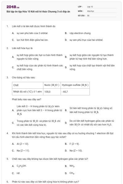 Bài tập ôn tập Hóa 10 Kết nối tri thức Chương 3 có đáp án