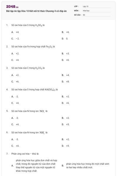 Bài tập ôn tập Hóa 10 Kết nối tri thức Chương 4 có đáp án