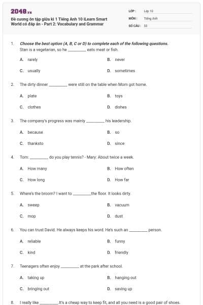 Đề cương ôn tập giữa kì 1 Tiếng Anh 10 iLearn Smart World có đáp án - Part 2:  Vocabulary and Grammar