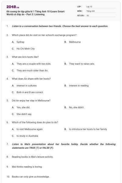 Đề cương ôn tập giữa kì 1 Tiếng Anh 10 iLearn Smart World có đáp án - Part 3: Listening