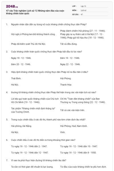 47 câu Trắc nghiệm Lịch sử 12 Những năm đầu của cuộc kháng chiến toàn quốc