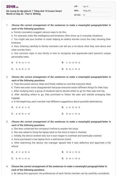 Đề cương ôn tập giữa kì 1 Tiếng Anh 10 iLearn Smart World có đáp án - Part 6: Writing