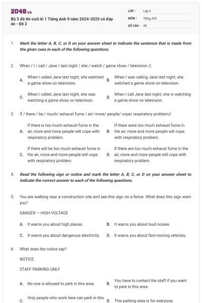 Bộ 5 đề thi cuối kì 1 Tiếng Anh 9 năm 2024-2025 có đáp án - Đề 2