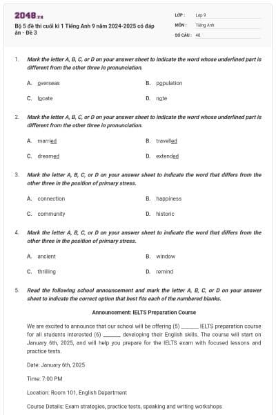Bộ 5 đề thi cuối kì 1 Tiếng Anh 9 năm 2024-2025 có đáp án - Đề 3