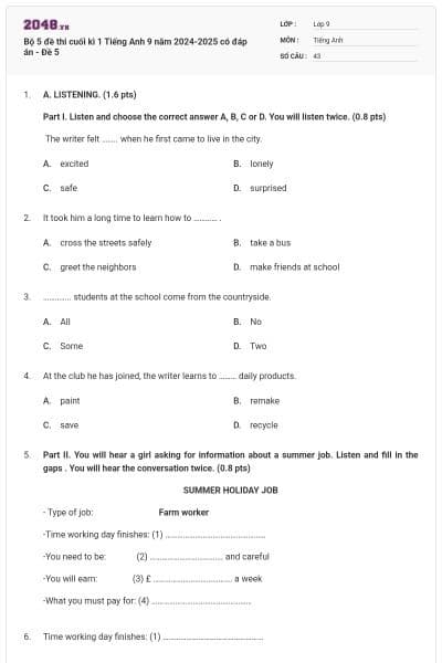 Bộ 5 đề thi cuối kì 1 Tiếng Anh 9 năm 2024-2025 có đáp án - Đề 5