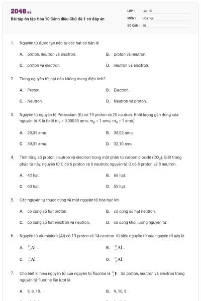 Bài tập ôn tập Hóa 10 Cánh diều Chủ đề 1 có đáp án