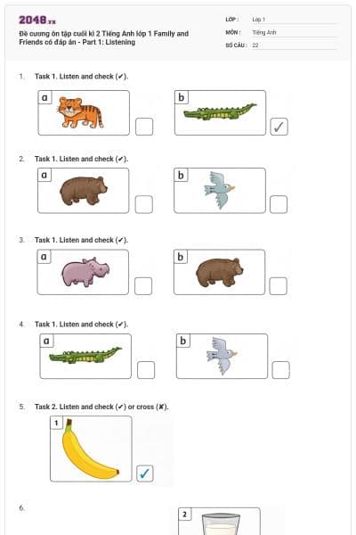 Đề cương ôn tập cuối kì 2 Tiếng Anh lớp 1 Family and Friends có đáp án - Part 1: Listening