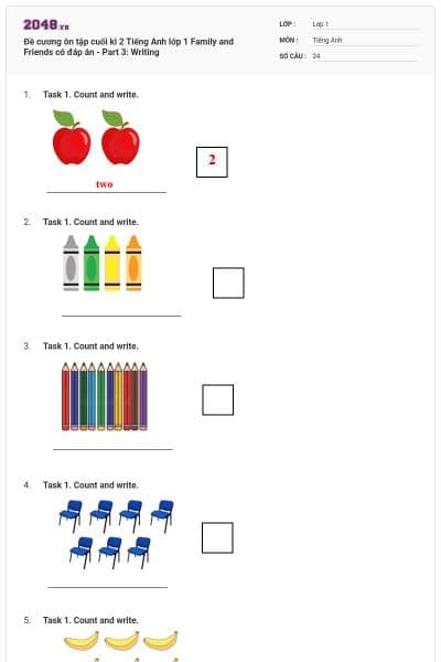 Đề cương ôn tập cuối kì 2 Tiếng Anh lớp 1 Family and Friends có đáp án - Part 3: Writing