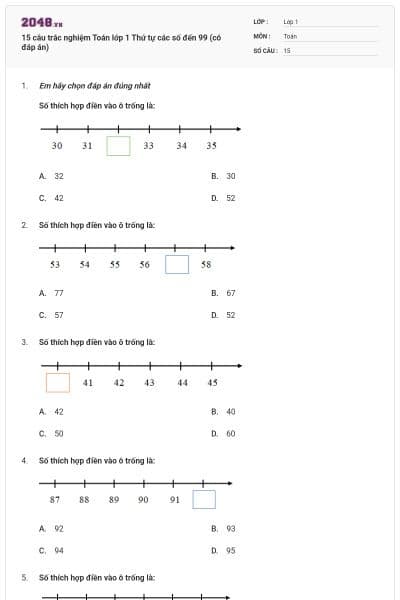 15 câu trắc nghiệm Toán lớp 1 Thứ tự các số đến 99 (có đáp án)