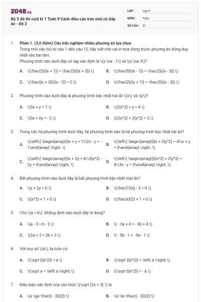 Bộ 5 đề thi cuối kì 1 Toán 9 Cánh diều cấu trúc mới có đáp án - Đề 2