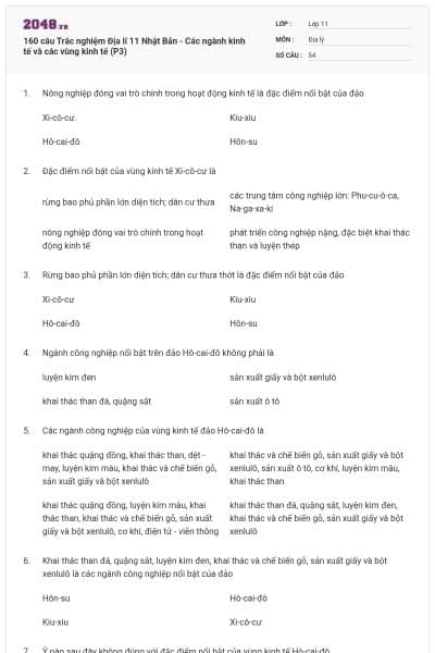 160 câu Trắc nghiệm Địa lí 11 Nhật Bản - Các ngành kinh tế và các vùng kinh tế (P3)