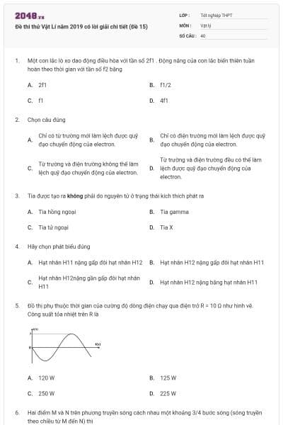 Đề thi thử Vật Lí năm 2019 có lời giải chi tiết (Đề 15)