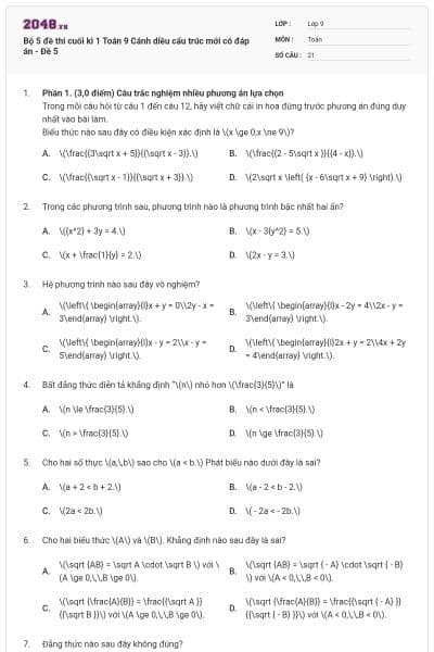 Bộ 5 đề thi cuối kì 1 Toán 9 Cánh diều cấu trúc mới có đáp án - Đề 5