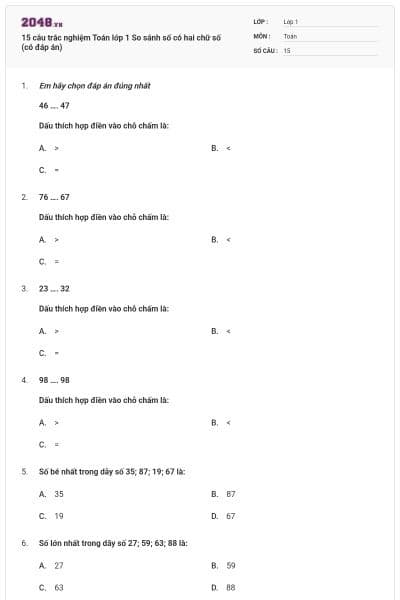 15 câu trắc nghiệm Toán lớp 1 So sánh số có hai chữ số (có đáp án)