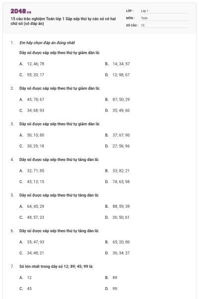 15 câu trắc nghiệm Toán lớp 1 Sắp xếp thứ tự các số có hai chữ số (có đáp án)