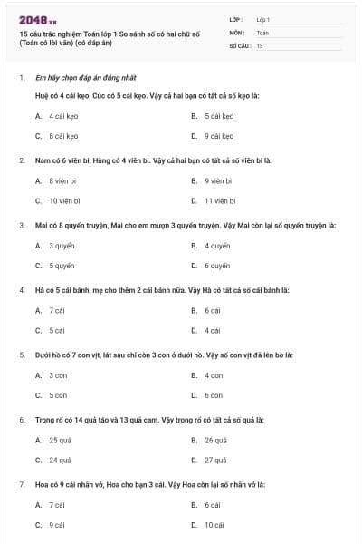 15 câu trắc nghiệm Toán lớp 1 So sánh số có hai chữ số (Toán có lời văn) (có đáp án)