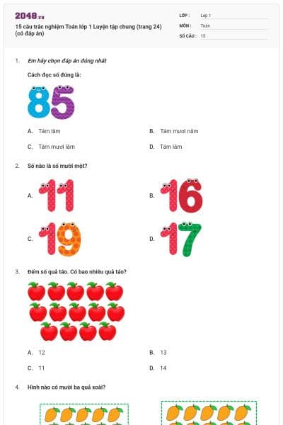 15 câu trắc nghiệm Toán lớp 1 Luyện tập chung (trang 24) (có đáp án)