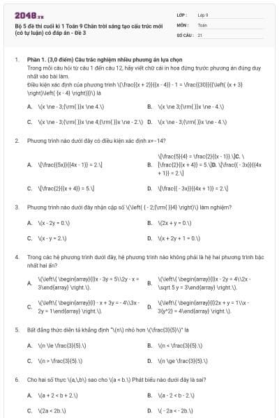 Bộ 5 đề thi cuối kì 1 Toán 9 Chân trời sáng tạo cấu trúc mới (có tự luận) có đáp án - Đề 3