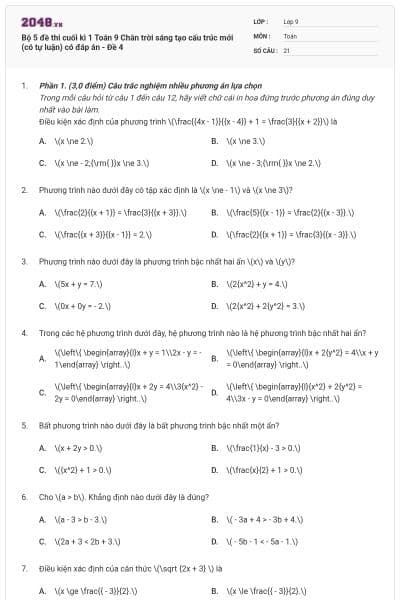 Bộ 5 đề thi cuối kì 1 Toán 9 Chân trời sáng tạo cấu trúc mới (có tự luận) có đáp án - Đề 4