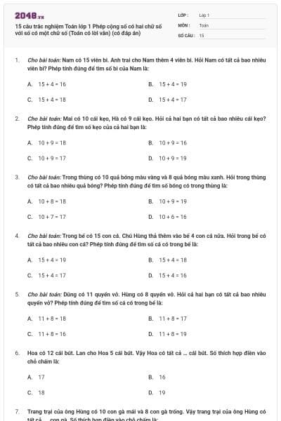 15 câu trắc nghiệm Toán lớp 1 Phép cộng số có hai chữ số với số có một chữ số (Toán có lời văn) (có đáp án)