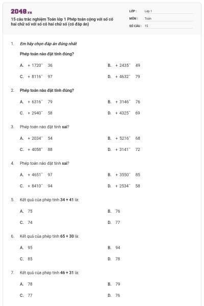 15 câu trắc nghiệm Toán lớp 1 Phép toán cộng với số có hai chữ số với số có hai chữ số (có đáp án)