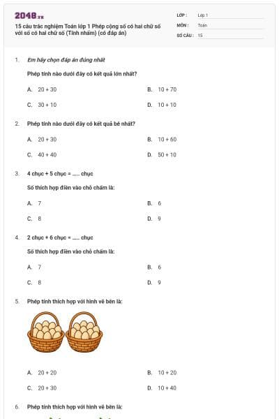 15 câu trắc nghiệm Toán lớp 1 Phép cộng số có hai chữ số với số có hai chữ số (Tính nhẩm) (có đáp án)