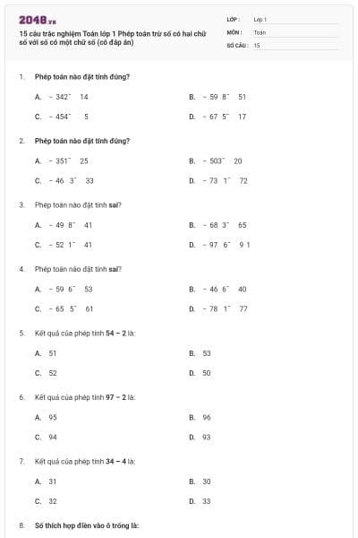 15 câu trắc nghiệm Toán lớp 1 Phép toán trừ số có hai chữ số với số có một chữ số (có đáp án)
