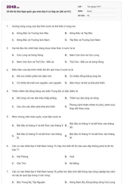 20 Đề thi thử thpt quốc gia môn Địa lí có đáp án (Đề số 01)