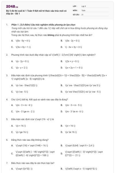 Bộ 5 đề thi cuối kì 1 Toán 9 Kết nối tri thức cấu trúc mới có đáp án - Đề 1