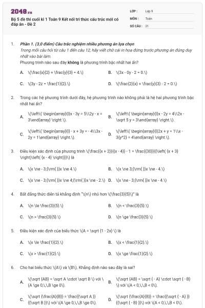 Bộ 5 đề thi cuối kì 1 Toán 9 Kết nối tri thức cấu trúc mới có đáp án - Đề 2