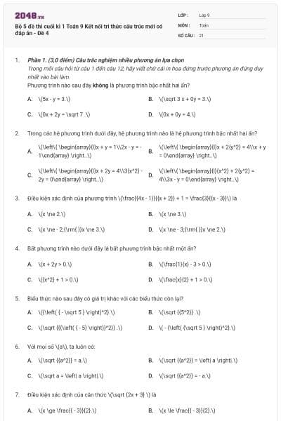 Bộ 5 đề thi cuối kì 1 Toán 9 Kết nối tri thức cấu trúc mới có đáp án - Đề 4