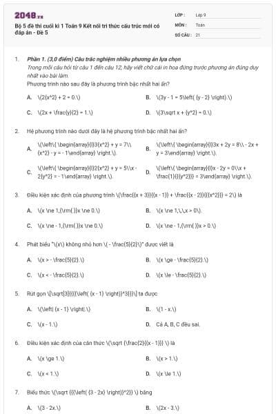 Bộ 5 đề thi cuối kì 1 Toán 9 Kết nối tri thức cấu trúc mới có đáp án - Đề 5