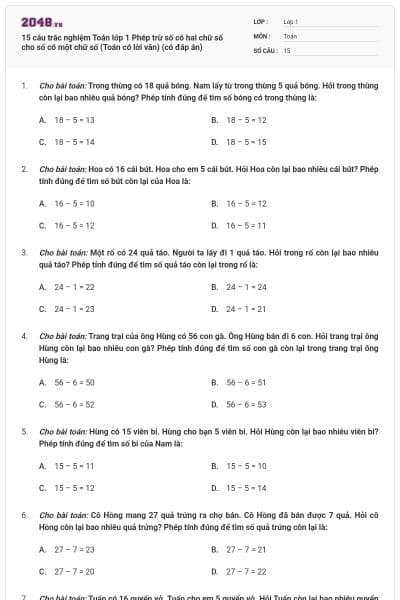 15 câu trắc nghiệm Toán lớp 1 Phép trừ số có hai chữ số cho số có một chữ số (Toán có lời văn) (có đáp án)