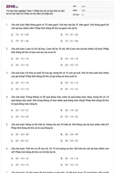 15 câu trắc nghiệm Toán 1 Phép trừ số có hai chữ số cho số có hai chữ số (Toán có lời văn) (có đáp án)