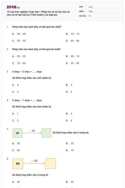 15 câu trắc nghiệm Toán lớp 1 Phép trừ số có hai chữ số cho số có hai chữ số (Tính nhẩm) (có đáp án)