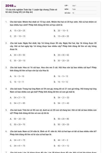 15 câu trắc nghiệm Toán lớp 1 Luyện tập chung (Toán có lời văn) (trang 64) (có đáp án)