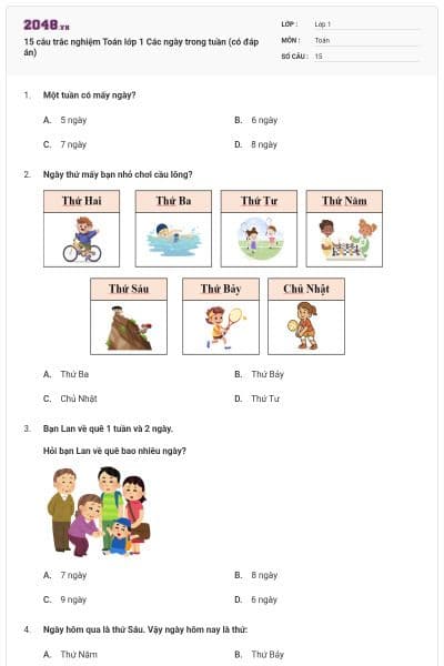 15 câu trắc nghiệm Toán lớp 1 Các ngày trong tuần (có đáp án)
