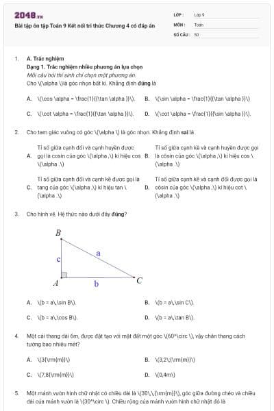 Bài tập ôn tập Toán 9 Kết nối tri thức Chương 4 có đáp án