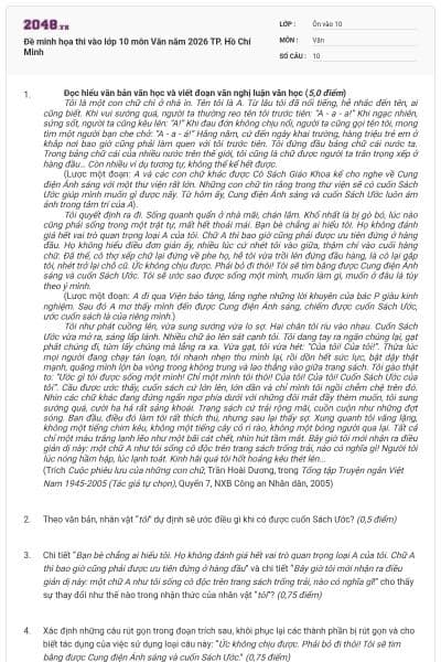 Đề minh họa thi vào lớp 10 môn Văn năm 2026 TP. Hồ Chí Minh