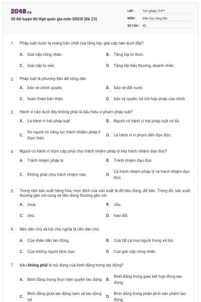 30 Đề luyện thi thpt quốc gia môn GDCD (Đề 23)