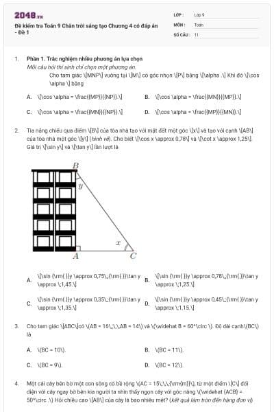 Đề kiểm tra Toán 9 Chân trời sáng tạo Chương 4 có đáp án - Đề 1
