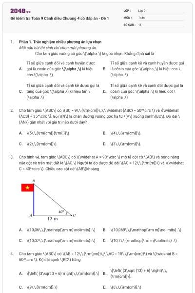 Đề kiểm tra Toán 9 Cánh diều Chương 4 có đáp án - Đề 1