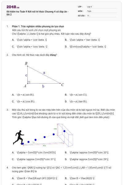 Đề kiểm tra Toán 9 Kết nối tri thức Chương 4 có đáp án - Đề 2