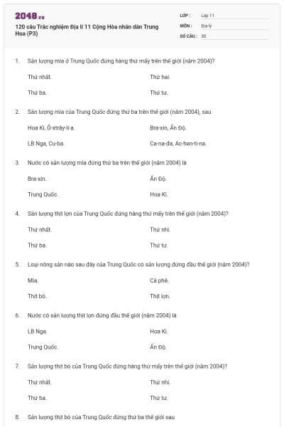 120 câu  Trắc nghiệm Địa lí 11 Cộng Hòa nhân dân Trung Hoa (P3)