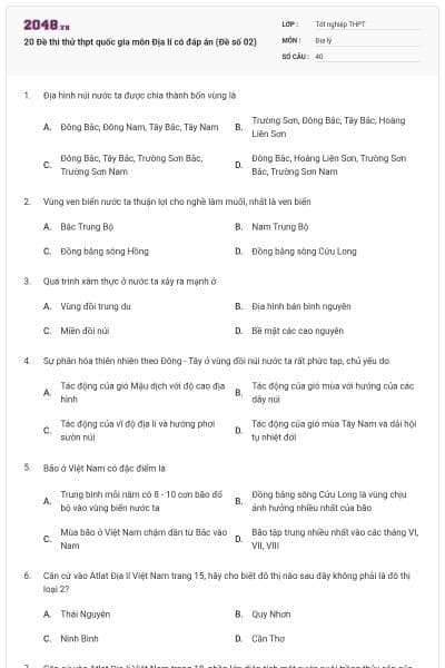 20 Đề thi thử thpt quốc gia môn Địa lí có đáp án (Đề số 02)