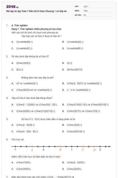 Bài tập ôn tập Toán 7 Kết nối tri thức Chương 1 có đáp án