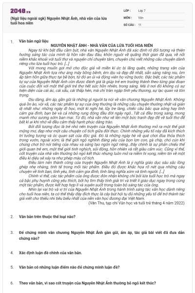 (Ngữ liệu ngoài sgk) Nguyễn Nhật Ánh, nhà văn của lứa tuổi hoa niên